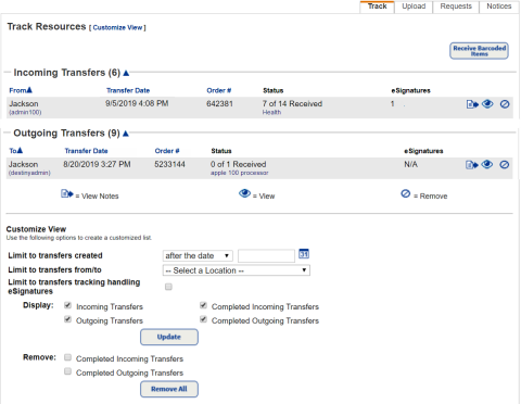 Track Resources page showing Incoming and Outgoing transfers.